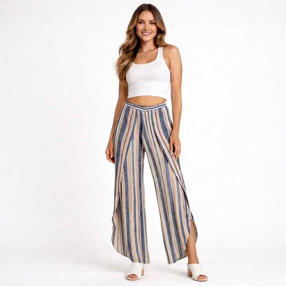 Drew Whitney Striped Linen Wide Leg Split Pants Anthropologie Small